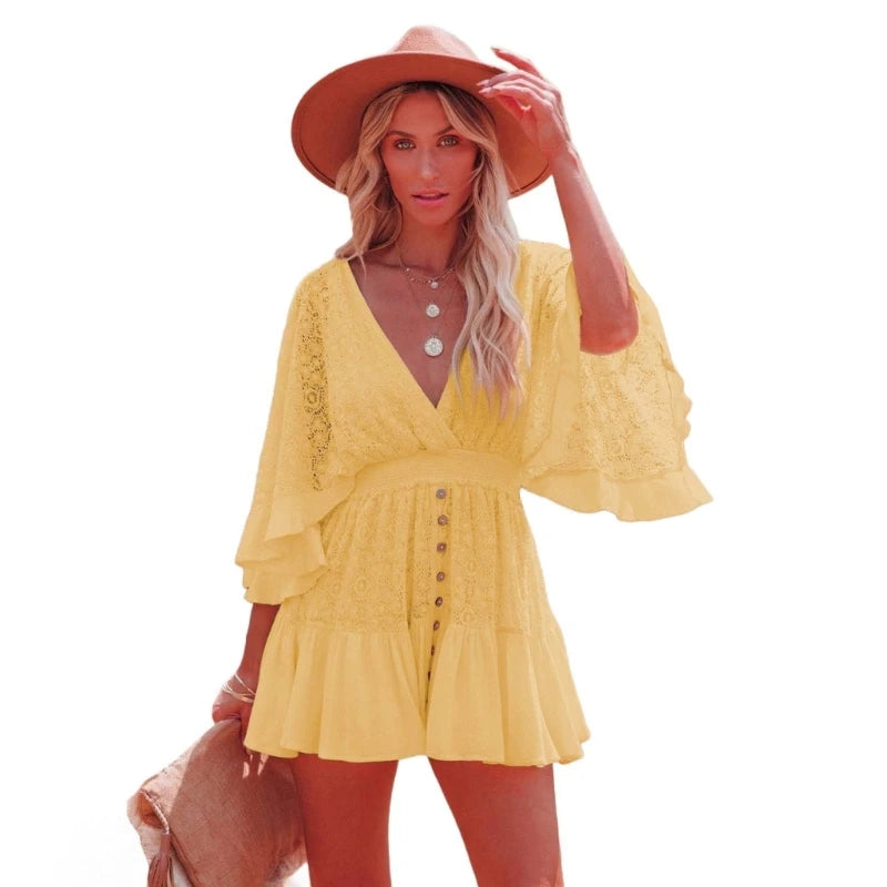 Women Lace V Neck Mini Short Dresses Casual Flowys Swing Dress Streetwears