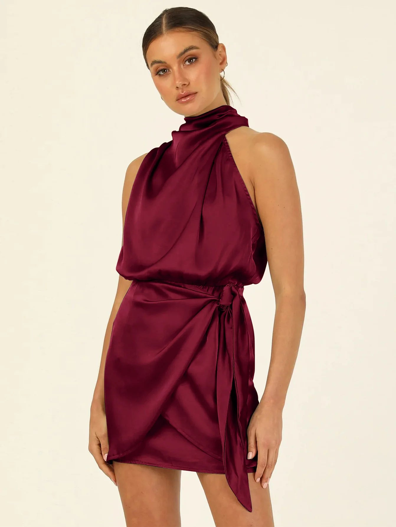 Womens Short Formal Satin Dress Sexy Sleeveless Mock Neck Tie Waist Summer Mini Dress Elegant Wedding Guest Cocktail Party Dress