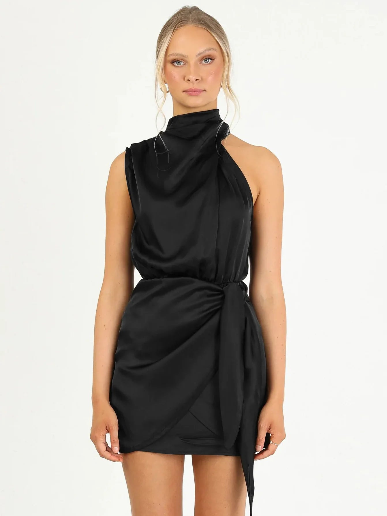 Womens Short Formal Satin Dress Sexy Sleeveless Mock Neck Tie Waist Summer Mini Dress Elegant Wedding Guest Cocktail Party Dress