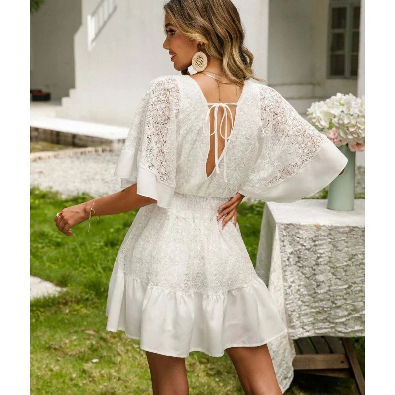 Women Lace V Neck Mini Short Dresses Casual Flowys Swing Dress Streetwears