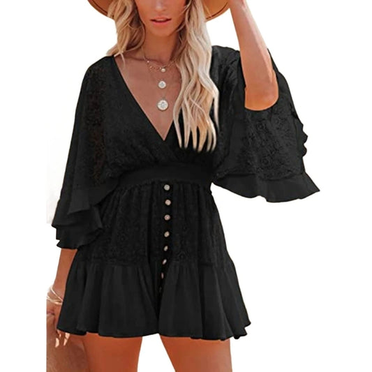 Women Lace V Neck Mini Short Dresses Casual Flowys Swing Dress Streetwears