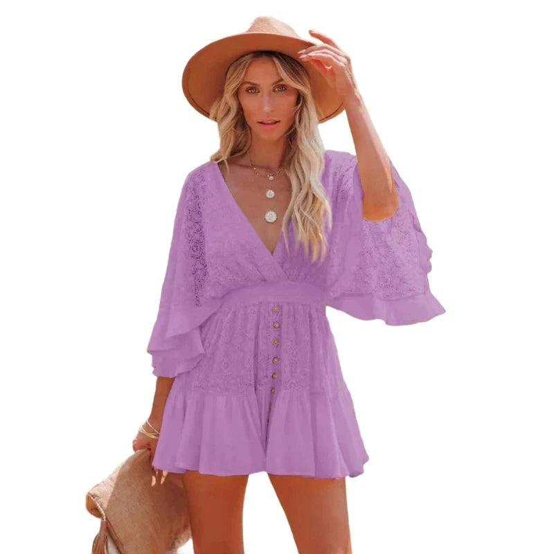 Women Lace V Neck Mini Short Dresses Casual Flowys Swing Dress Streetwears