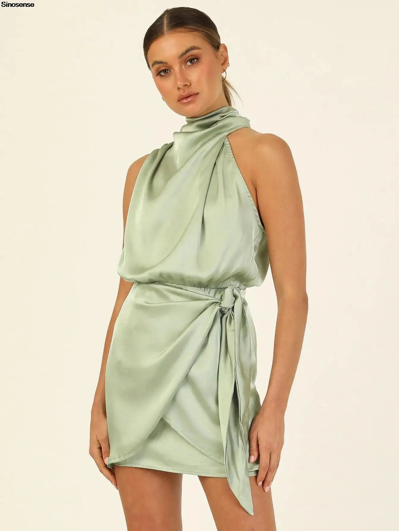 Womens Short Formal Satin Dress Sexy Sleeveless Mock Neck Tie Waist Summer Mini Dress Elegant Wedding Guest Cocktail Party Dress