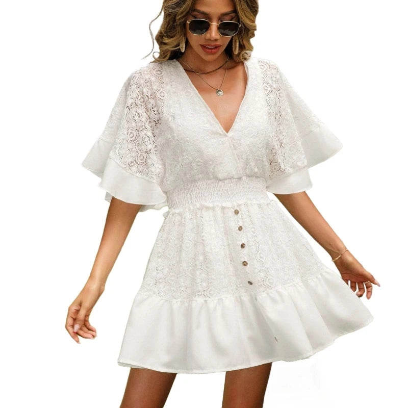 Women Lace V Neck Mini Short Dresses Casual Flowys Swing Dress Streetwears