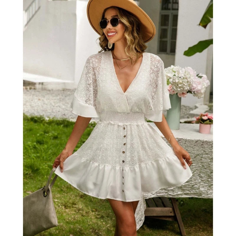 Women Lace V Neck Mini Short Dresses Casual Flowys Swing Dress Streetwears