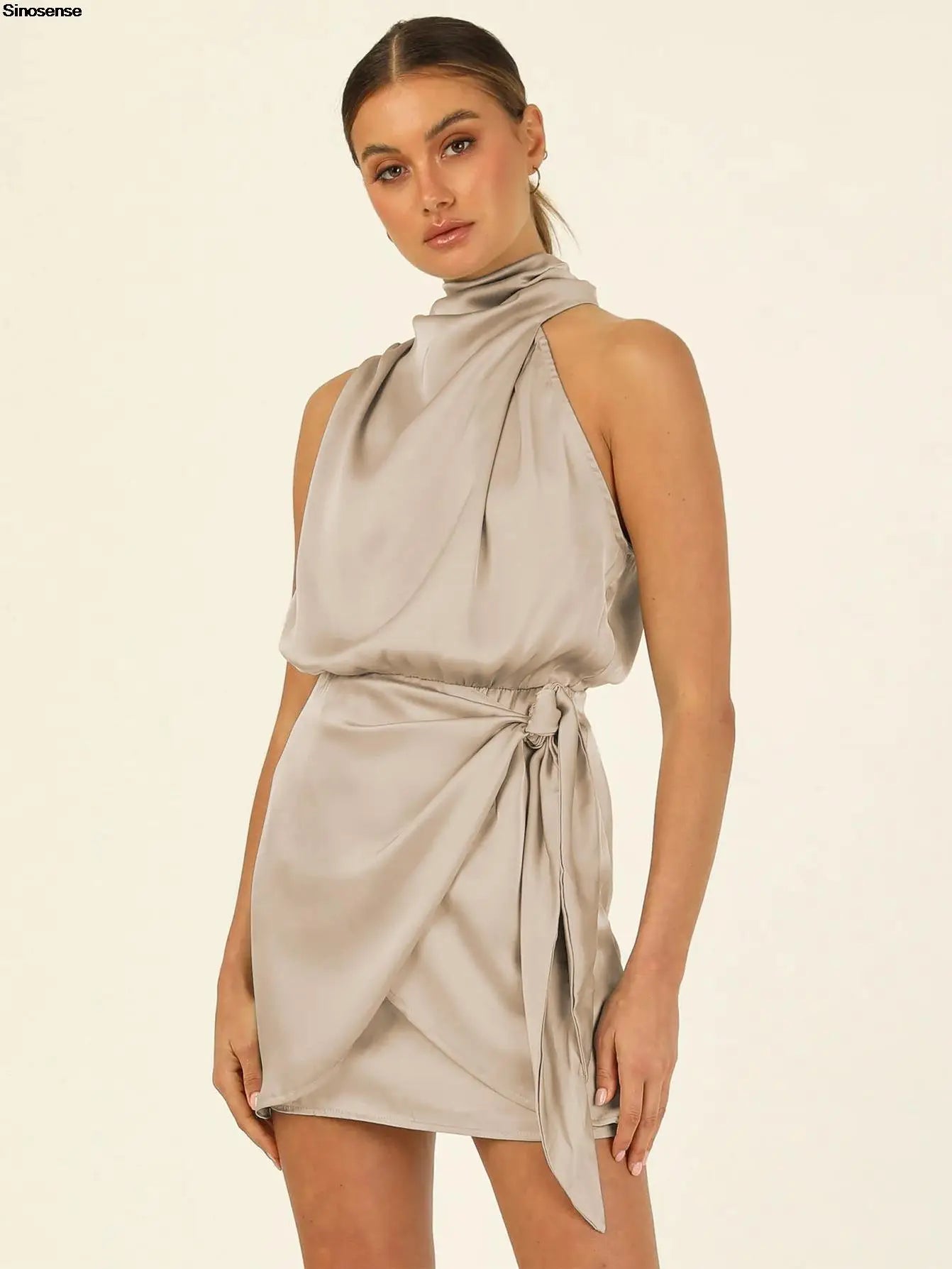 Womens Short Formal Satin Dress Sexy Sleeveless Mock Neck Tie Waist Summer Mini Dress Elegant Wedding Guest Cocktail Party Dress
